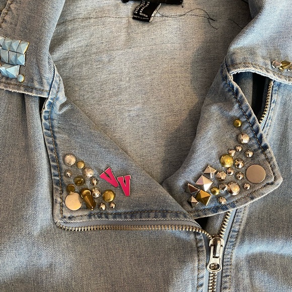 Customized Forever 21 Light Blue Studded Jean Jacket with Patches - Picture 8 of 11